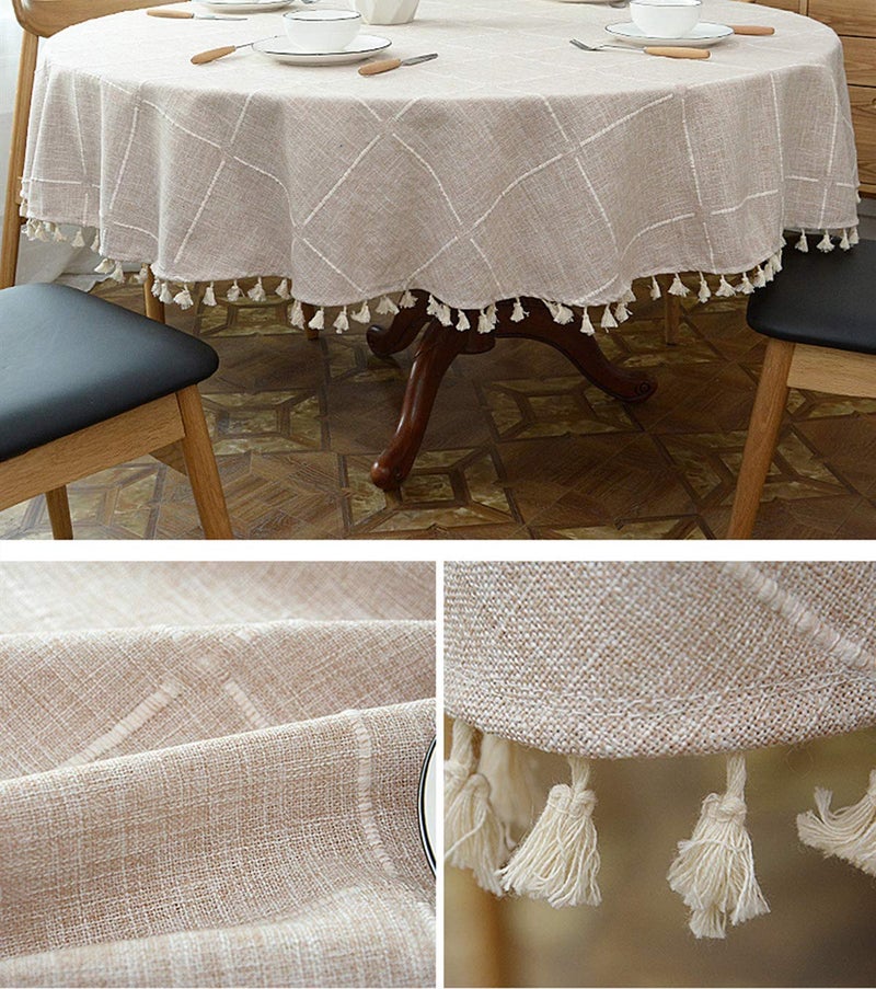 Dimatic Heavy Weight Cotton Linen Tablecloth, Plaid Tassel Round Table Cover for Kitchen Dining Room Tabletop Decorations, Round - 63", Beige - Image 4